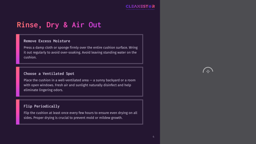 4 Rinse Dry And Air Out Dark Purple Slide With White Text Detailing How To Dry Cushions: &Quot;Remove Excess Moisture,&Quot; &Quot;Choose A Ventilated Spot,&Quot; And &Quot;Flip Periodically.