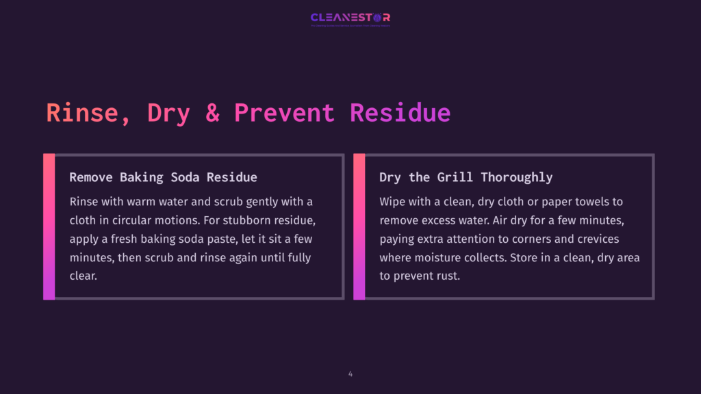 4 Rinse Dry And Prevent Residue Two Panels Detailing Grill Cleaning Steps: &Quot;Remove Baking Soda Residue&Quot; And &Quot;Dry The Grill Thoroughly,&Quot; With Instructions On Rinsing, Scrubbing, And Drying To Prevent Rust.