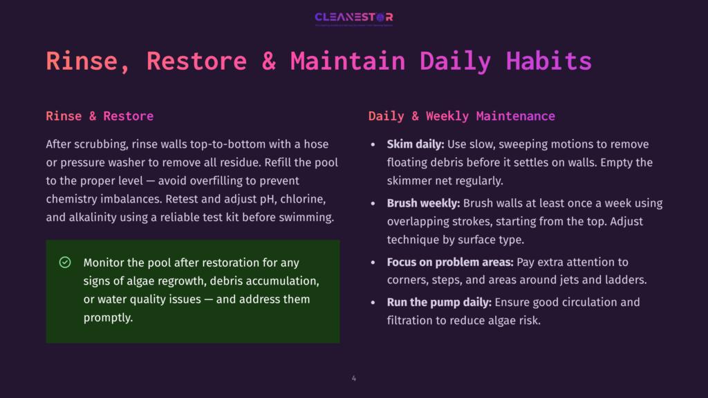 Dark Purple Slide With White Text Listing Daily And Weekly Pool Maintenance Tasks, Including &Quot;Rinse &Amp; Restore&Quot; And &Quot;Daily &Amp; Weekly Maintenance,&Quot; With Bullet Points Detailing Cleaning Steps.