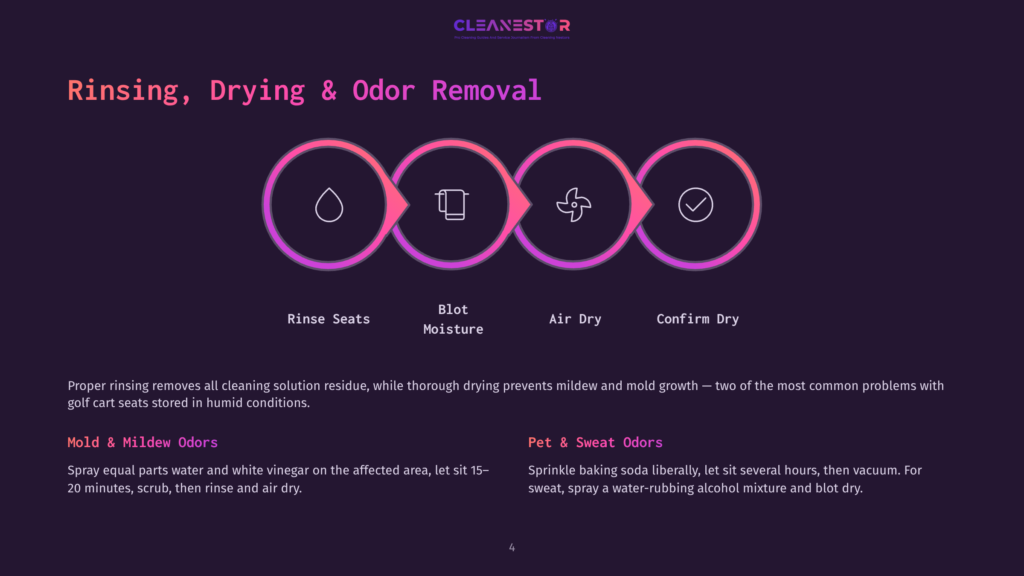 4 Rinsing Drying And Odor Removal A Visual Infographic With Three Circular Steps Labeled: Rinse Seats, Blot Moisture, And Air Dry. The Background Is Dark With Pink And White Colors, Showing The Importance Of Proper Cleaning And Drying Of Golf Cart Seats.