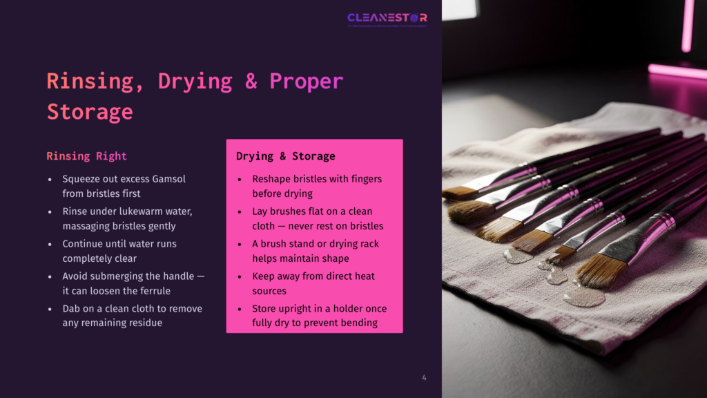 A Close-Up Of Several Paintbrushes With Purple Handles Resting On A White Cloth, With A Light Pink Neon Glow In The Background. The Image Provides Instructions For Rinsing And Drying Paintbrushes, Emphasizing Proper Techniques For Maintaining Their Shape And Preventing Bending.