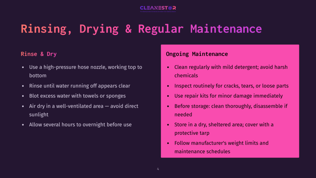 Rinsing, Drying, And Regular Maintenance Instructions For A Clean Storage Unit, With Sections On Rinsing And Ongoing Maintenance.
