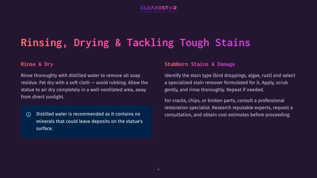Text Overlay On A Dark Background: &Quot;Cleanestor Pro Cleaning Service And Restoration Specialist. Rinsing, Drying &Amp; Tackling Tough Stains. Rinse &Amp; Dry: Rinse Thoroughly With Distilled Water To Remove All Soap Residue. Pat Dry With A Soft Cloth—Avoid Rubbing. Allow The Statue To Air Dry Completely In A Well-Ventilated Area, Away From Direct Sunlight. Distilled Water Is Recommended As It Contains No Minerals That Could Leave Deposits On The Statue'S Surface. Stubborn Stains &Amp; Damage: Identify The Stain Type (Bird Droppings, Algae, Rust) And Select A Specialized Stain Remover Formulated For It. Apply, Scrub Gently, And Rinse Thoroughly. Repeat If Needed. For Cracks, Chips, Or Broken Parts, Consult A Professional Restoration Specialist. Research Reputable Experts, Request A Consultation, And Obtain Cost Estimates Before Proceeding.