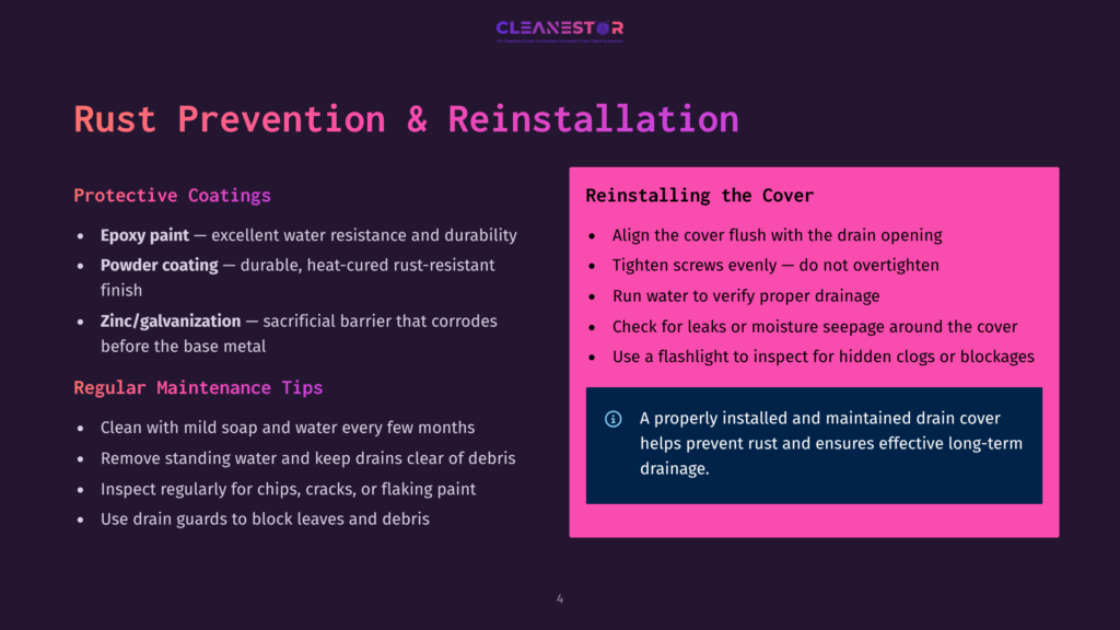 Presentation Slide On Rust Prevention And Reinstallation, Detailing Protective Coatings Like Epoxy And Powder Coating, And Maintenance Tips. Also Covers Reinstallation Steps With A Focus On Drain Covers.