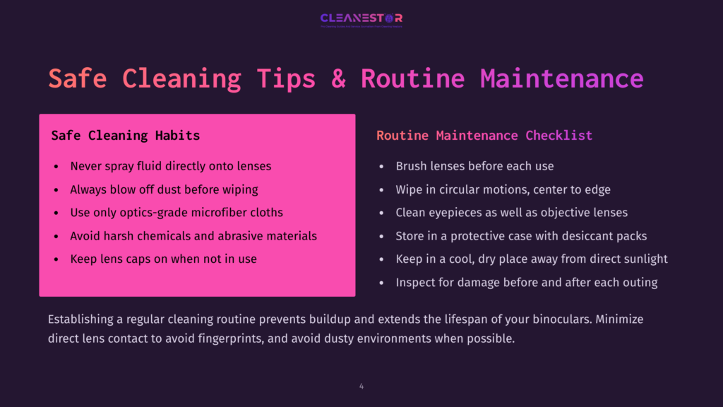 Slide Titled &Quot;Safe Cleaning Tips &Amp; Routine Maintenance&Quot; With Two Columns: &Quot;Safe Cleaning Habits&Quot; Listing Five Bullet Points, And &Quot;Routine Maintenance Checklist&Quot; Listing Five Bullet Points. The Background Is Dark Purple.
