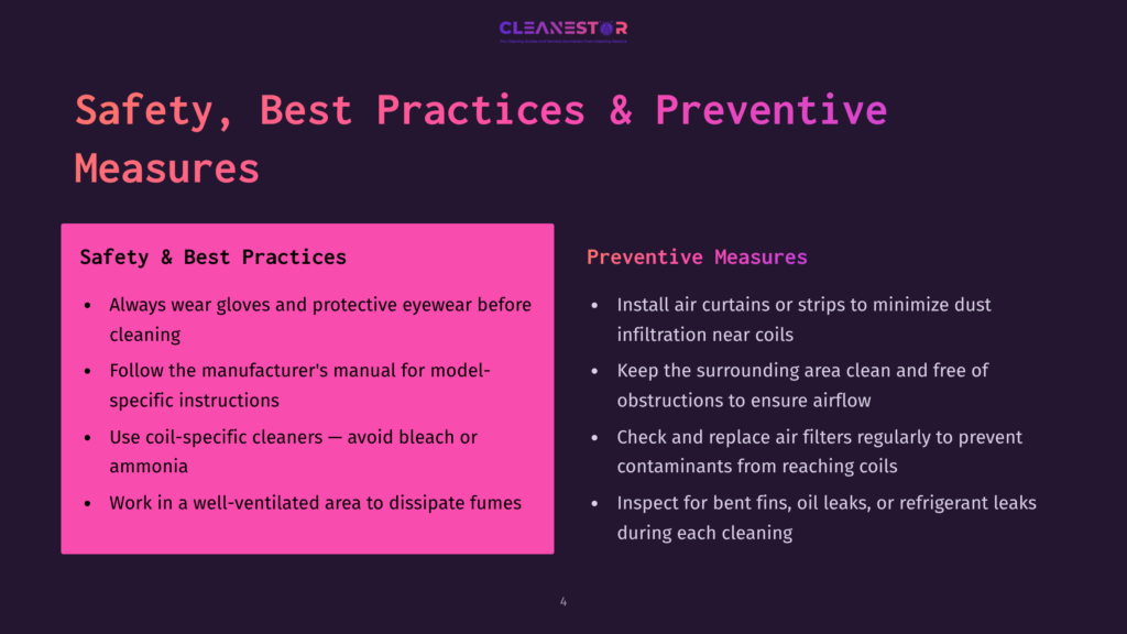 Safety, Best Practices &Amp; Preventive Measures Slide With Text Including &Quot;Cleanestor&Quot; Logo, Safety Tips Like Wearing Gloves And Following Instructions, And Preventive Measures Like Cleaning Air Filters.