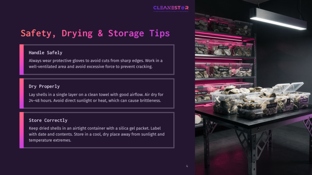 Cleanestor Presentation Slide With Text: &Quot;Safety, Drying &Amp; Storage Tips&Quot; And Sections On &Quot;Handle Safely,&Quot; &Quot;Dry Properly,&Quot; And &Quot;Store Correctly.&Quot; A Background Image Shows Shelves Of Oyster Shells In Clear Plastic Containers.