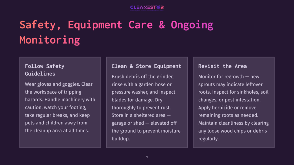 Graphic With Text: &Quot;Safety, Equipment Care &Amp; Ongoing Monitoring.&Quot; Three Columns Detail: &Quot;Follow Safety Guidelines,&Quot; &Quot;Clean &Amp; Store Equipment,&Quot; And &Quot;Revisit The Area.
