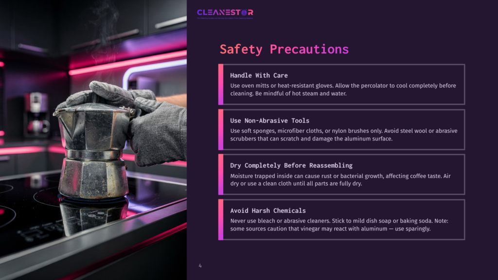 A Gloved Hand Holds A Steaming Stovetop Espresso Maker Over A Black Electric Burner, With Pink And Purple Light Reflecting On The Kitchen Counter. Safety Precautions Are Listed On The Right.