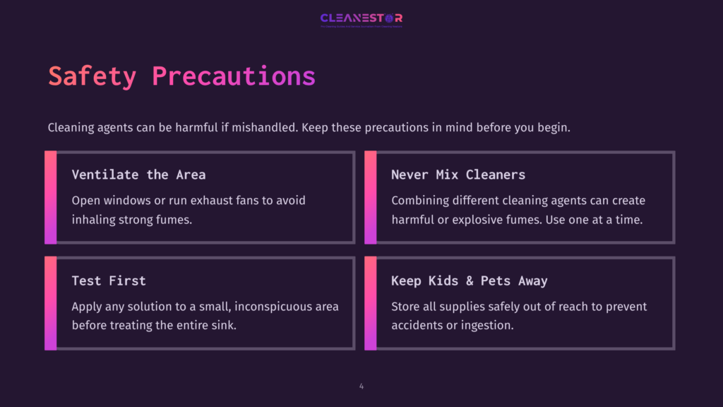 Slide 4: Safety Precautions For Cleaning Agents. Key Points Include: Ventilate The Area, Never Mix Cleaners, Test First, And Keep Kids &Amp; Pets Away. The Background Is A Dark Purple Gradient.