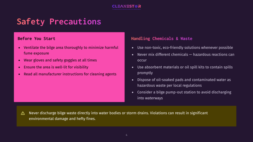 4 Safety Precautions 2 Slide From A Presentation Titled &Quot;Safety Precautions&Quot; Detailing &Quot;Before You Start&Quot; And &Quot;Handling Chemicals &Amp; Waste,&Quot; With A Warning About Not Discharging Bilge Waste Into Water Bodies.