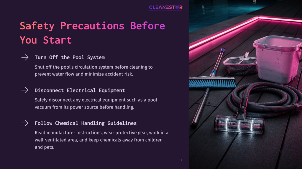 Pool Cleaning Safety Precautions: Turn Off The Pool System, Disconnect Electrical Equipment, And Follow Chemical Handling Guidelines. Pool Cleaning Tools Are Displayed On A Wooden Deck Next To A Glowing Pink Pool Edge.