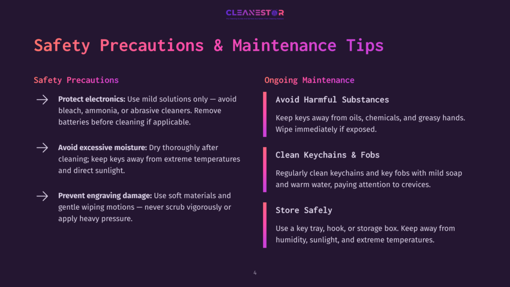 4 Safety Precautions And Maintenance Tips Safety Precautions &Amp; Maintenance Tips For Electronics, Keychains, And Fobs. Includes Advice On Avoiding Harmful Substances, Excessive Moisture, And Proper Storage.