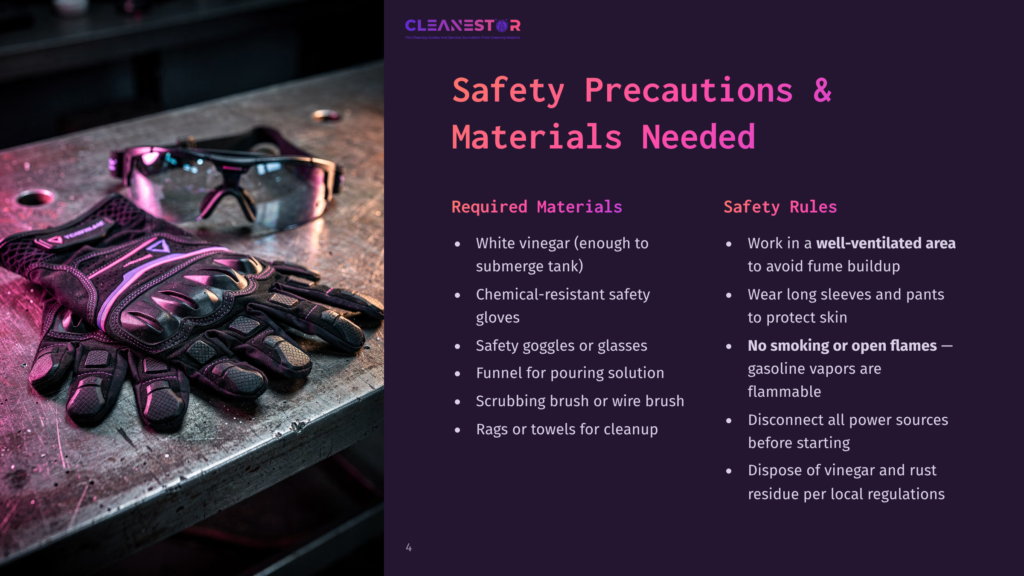 4 Safety Precautions And Materials Needed Safety Precautions And Materials For Cleaning, Including Chemical-Resistant Gloves, Safety Goggles, And White Vinegar, Are Listed On A Dark Background With The Cleanestor Logo.