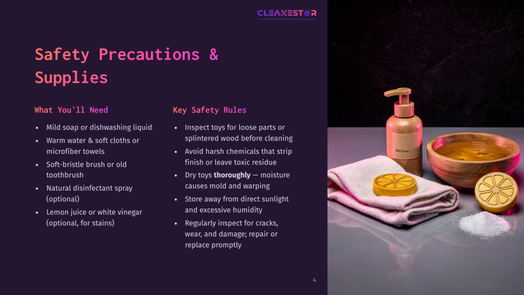 An Infographic About Safety Precautions And Supplies Features Items Like A Bowl, Lemon, And Cleaning Products, Highlighting Items Like Mild Soap And Natural Disinfectant Spray On A Glossy Background.