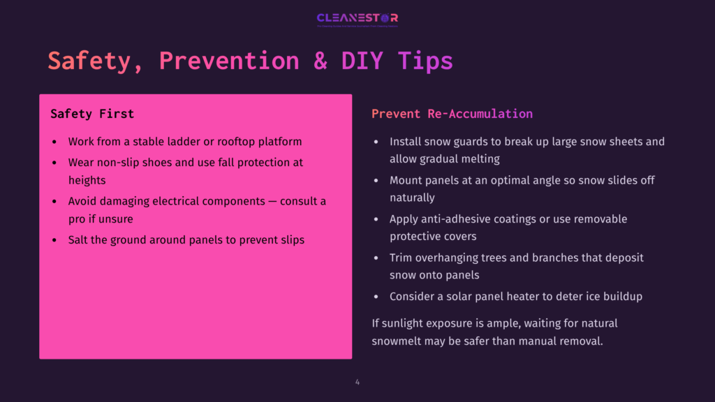 4 Safety Prevention And Diy Tips Presentation Slide Titled &Quot;Safety, Prevention &Amp; Diy Tips&Quot; With Two Columns: &Quot;Safety First&Quot; Listing Tips Like Wearing Non-Slip Shoes And Avoiding Electrical Damage, And &Quot;Prevent Re-Accumulation&Quot; With Tips Like Installing Snow Guards And Applying Anti-Adhesive Coatings.