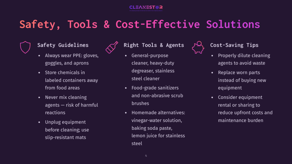 A Dark Purple Slide With The Title &Quot;Safety, Tools &Amp; Cost-Effective Solutions&Quot; And Three Columns: &Quot;Safety Guidelines,&Quot; &Quot;Right Tools &Amp; Agents,&Quot; And &Quot;Cost-Saving Tips,&Quot; With Bulleted Lists Under Each.