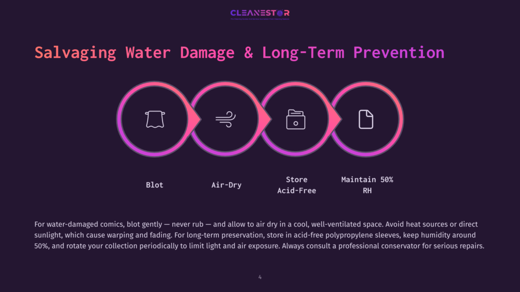 A Purple-Themed Infographic Presents Four Icons For Salvaging Water-Damaged Comics: Blot, Air-Dry, Store Acid-Free, And Maintain 50% Rh.