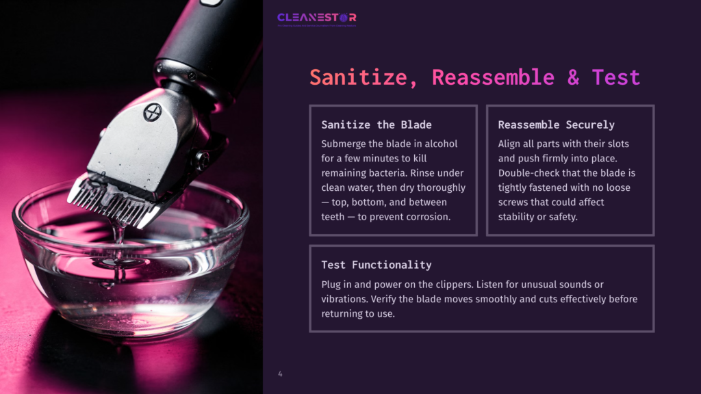 Close-Up Of A Hair Clipper Blade Being Sanitized In A Clear Bowl Of Liquid, With Text &Quot;Sanitize, Reassemble &Amp; Test&Quot; Overlaid.