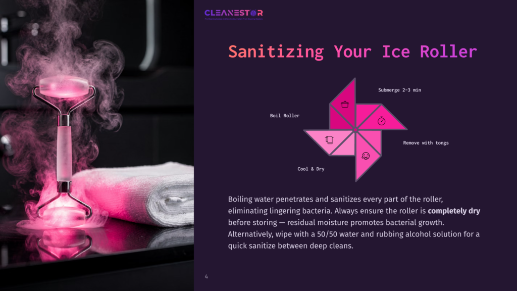 A Pink Ice Roller Steams As It Rests On A White Towel, With A Diagram Showing How To Sanitize It Using Boiling Water, Tongs, And Rubbing Alcohol.