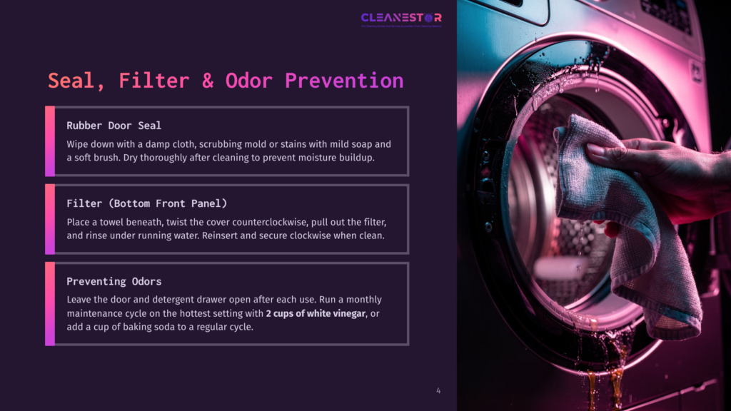 Close-Up Of A Hand Cleaning A Washing Machine Seal With A White Towel, With Text Overlay &Quot;Seal, Filter &Amp; Odor Prevention&Quot; And &Quot;Cleanestor&Quot;.