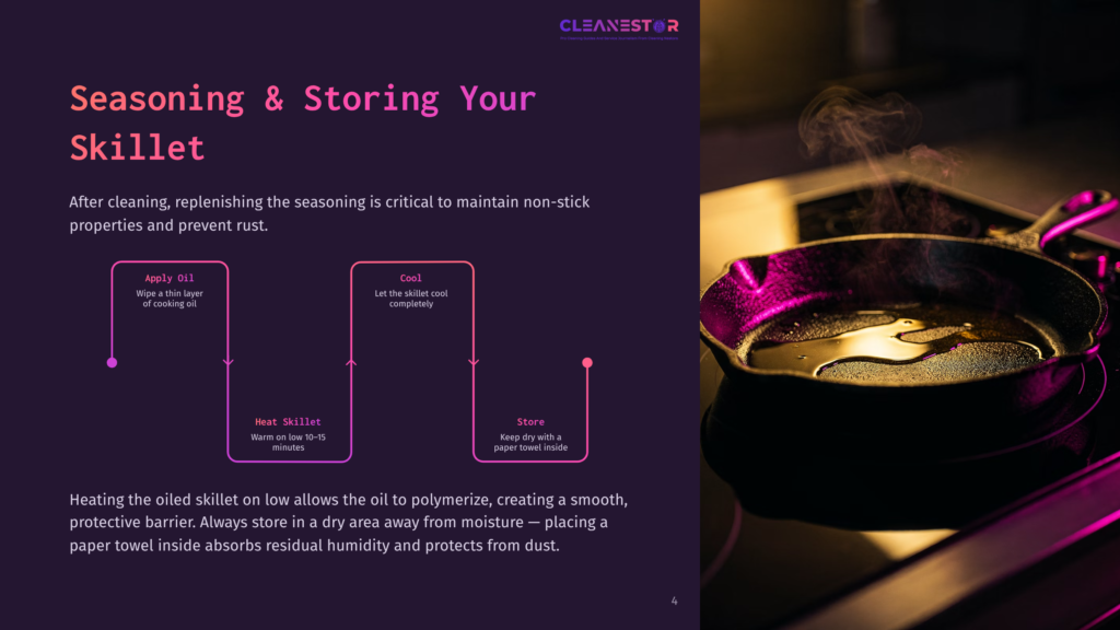 4 Seasoning And Storing Your Skillet Close-Up Of A Cast-Iron Skillet On A Stovetop, With A Vibrant Purple Light Reflecting Off Its Surface. Steam Rises From The Seasoned Cooking Surface, Illustrating The Process Of Seasoning And Storing A Skillet.