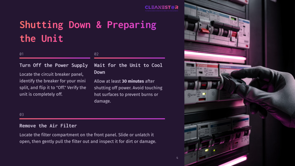 4 Shutting Down And Preparing The Unit Close-Up Of A Gloved Hand Flipping A Circuit Breaker Switch To The &Quot;Off&Quot; Position On A Modern Electrical Panel, With Text Overlay Detailing &Quot;Shutting Down &Amp; Preparing The Unit.