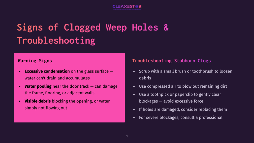 4 Signs Of Clogged Weep Holes And Troubleshooting Slide Titled &Quot;Signs Of Clogged Weep Holes &Amp; Troubleshooting&Quot; With Two Columns: &Quot;Warning Signs&Quot; Listing Excessive Condensation, Water Pooling, And Visible Debris, And &Quot;Troubleshooting Stubborn Clogs&Quot; Offering Solutions Like Scrubbing, Using Compressed Air, And Checking For Damage.