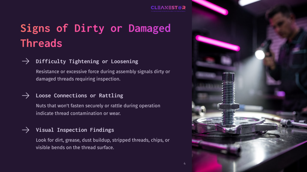 4 Signs Of Dirty Or Damaged Threads Close-Up Of A Bolt With Dirty, Damaged Threads On A Workbench, With A Mechanic In The Background Holding A Flashlight. Text Overlay: &Quot;Signs Of Dirty Or Damaged Threads.