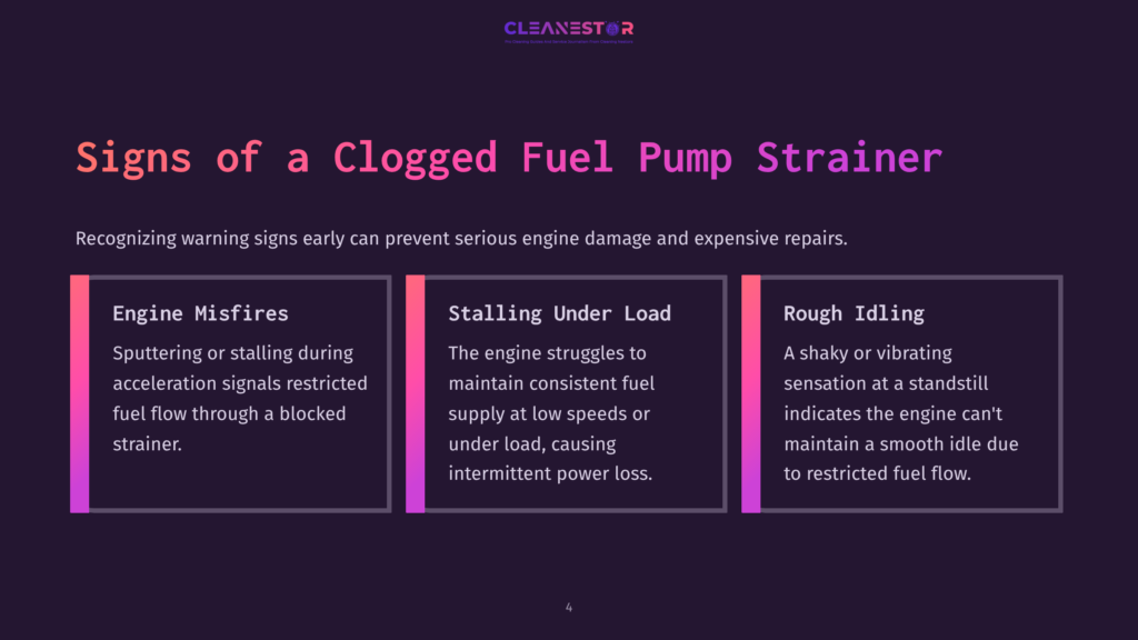 A Dark Purple Background With A Title &Quot;Signs Of A Clogged Fuel Pump Strainer&Quot; And Three Colored Boxes Detailing Engine Misfires, Stalling Under Load, And Rough Idling.