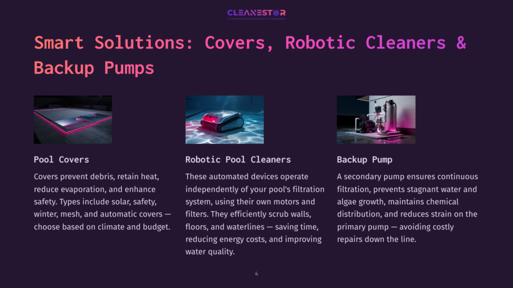Three Images Showcase Pool Solutions: Pool Covers With Neon Lighting, A Robotic Pool Cleaner In Water, And A Backup Pool Pump System.