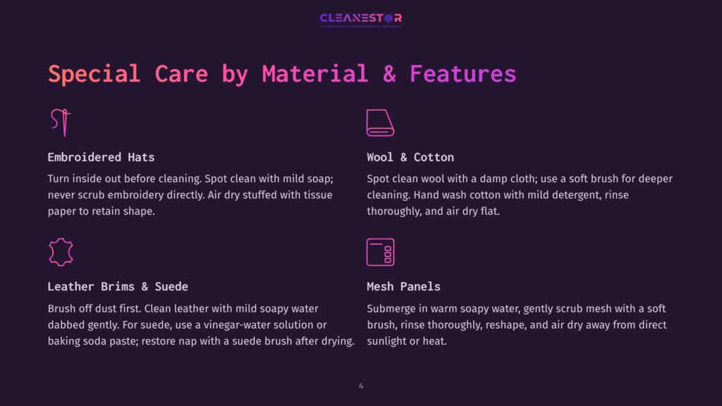 4 Special Care By Material And Features A Cleanestor Infographic With Purple Background And White Text, Detailing Special Care Instructions For Different Materials And Features, Including Embroidered Hats, Wool &Amp; Cotton, Leather Brims &Amp; Suede, And Mesh Panels.