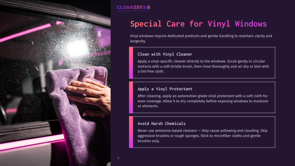 Close-Up Of A Hand In A Purple Microfiber Cloth Cleaning A Wet Vinyl Window With Pink Neon Lights Reflecting On The Glass.