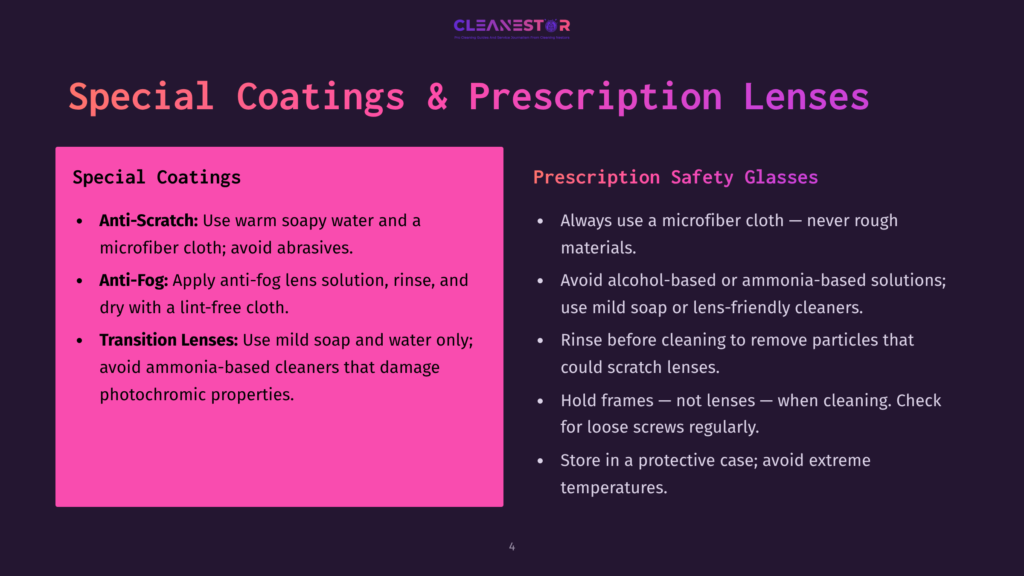 Presentation Slide Titled &Quot;Special Coatings &Amp; Prescription Lenses&Quot; With Two Columns: &Quot;Special Coatings&Quot; Listing Anti-Scratch, Anti-Fog, And Transition Lenses Care Instructions, And &Quot;Prescription Safety Glasses&Quot; With Cleaning And Handling Tips.
