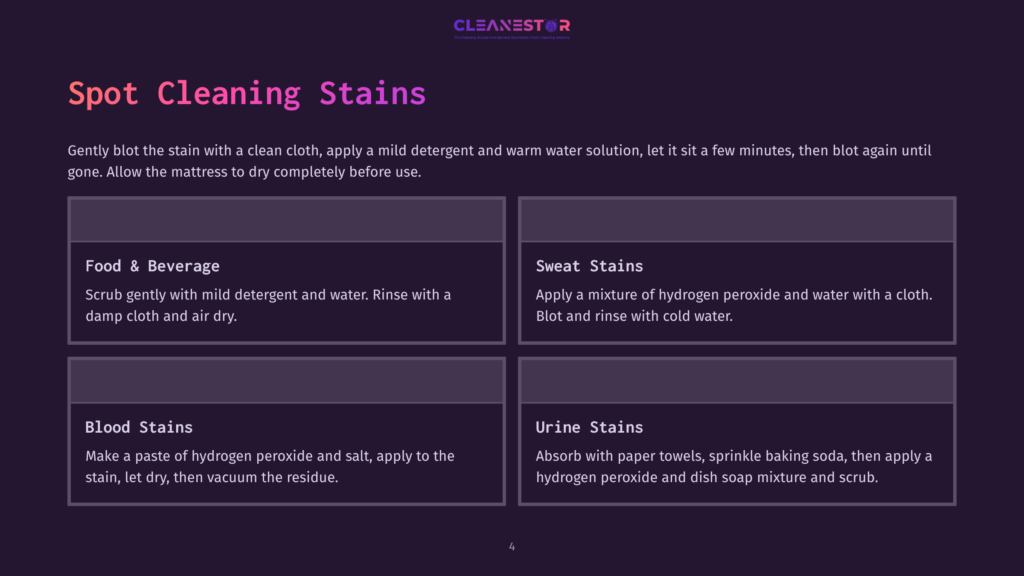 4 Spot Cleaning Stains 1 Infographic Detailing How To Spot Clean Stains On A Mattress, Including Sections For Food &Amp; Beverage, Sweat, Blood, And Urine Stains, With Cleaning Instructions For Each.