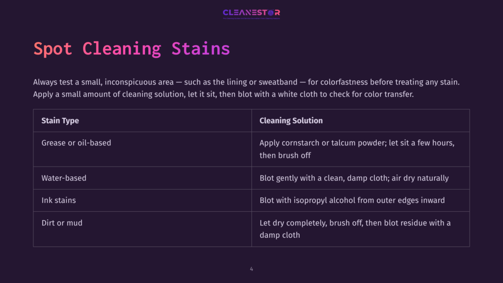 Table Showing Stain Types And Cleaning Solutions For Grease, Water-Based, Ink, And Dirt Stains.