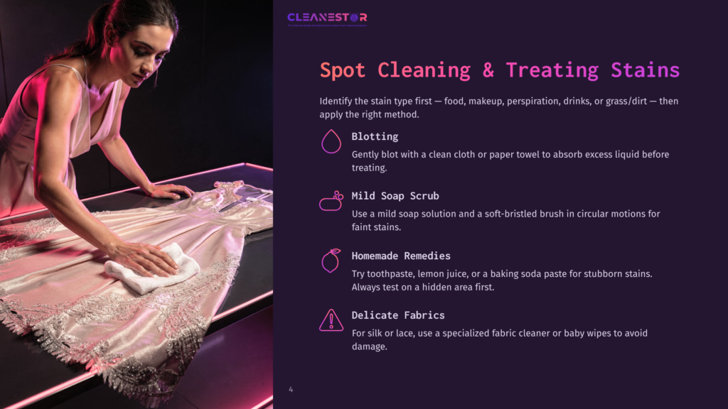 A Woman Cleaning Stains On A Pink Dress With A White Cloth, Illuminated By Pink Lights. Text Reads 'Spot Cleaning &Amp; Treating Stains'. She Is Using A Mild Soap Scrub And Blotting Technique.