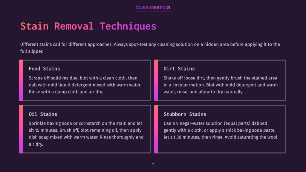 Stain Removal Techniques Infographic With Four Sections: Food Stains, Dirt Stains, Oil Stains, And Stubborn Stains. The Background Is A Dark Purple With White Text And The Title Is At The Top In Bold.