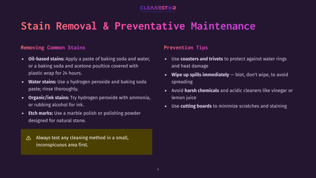 4 Stain Removal And Preventative Maintenance Stain Removal &Amp; Preventative Maintenance Infographic With Tips For Common Stains Like Oil-Based, Water, Organic/Ink, And Etch Marks, Plus Prevention Tips Like Using Coasters And Avoiding Harsh Chemicals.