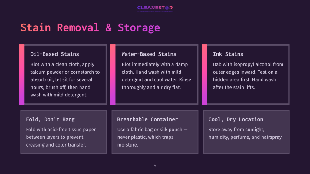 A Graphic Showing Stain Removal And Storage Tips With Three Categories: Oil-Based Stains, Water-Based Stains, And Ink Stains. Each Category Includes Specific Instructions For Removing And Storing Items With Those Types Of Stains.
