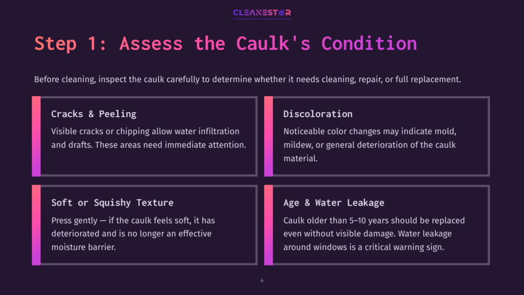 4 Step 1 Assess The Caulks Condition Step 1: Assess The Caulk'S Condition, With Sections On Cracks &Amp; Peeling, Discoloration, Soft Or Squishy Texture, And Age &Amp; Water Leakage.