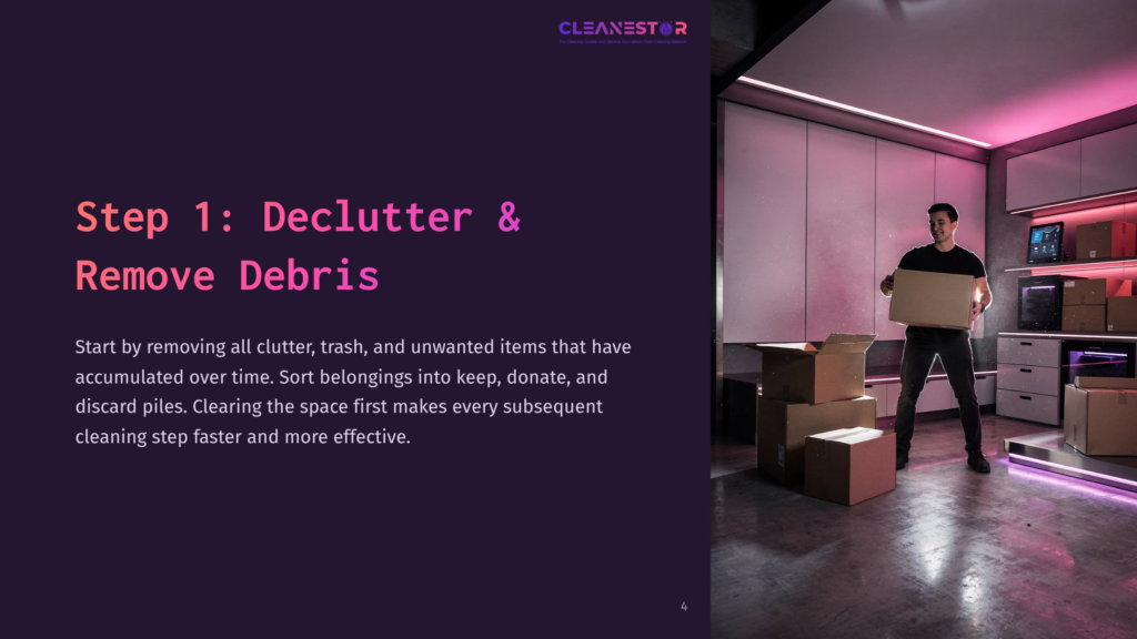 Step 1: Declutter &Amp; Remove Debris. A Man Stands In A Modern, Brightly Lit Storage Room, Holding A Cardboard Box. The Room Has Purple Accent Lighting And Shelves Filled With Boxes And Equipment.