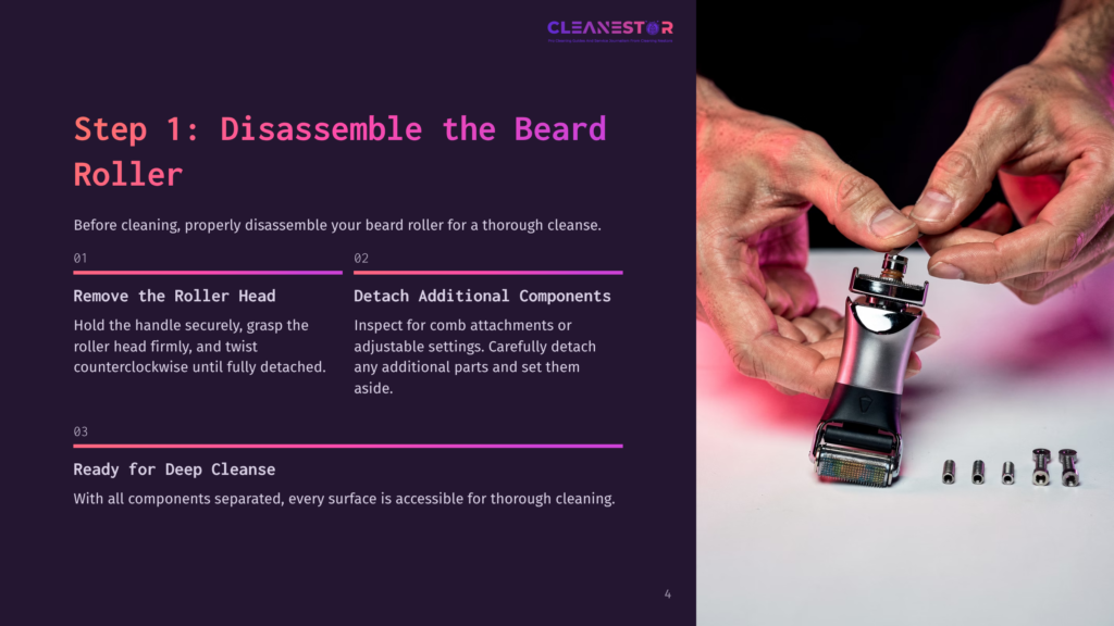 Step 1: Disassemble The Beard Roller. Instructions Show How To Remove The Roller Head And Detach Additional Components For Cleaning.