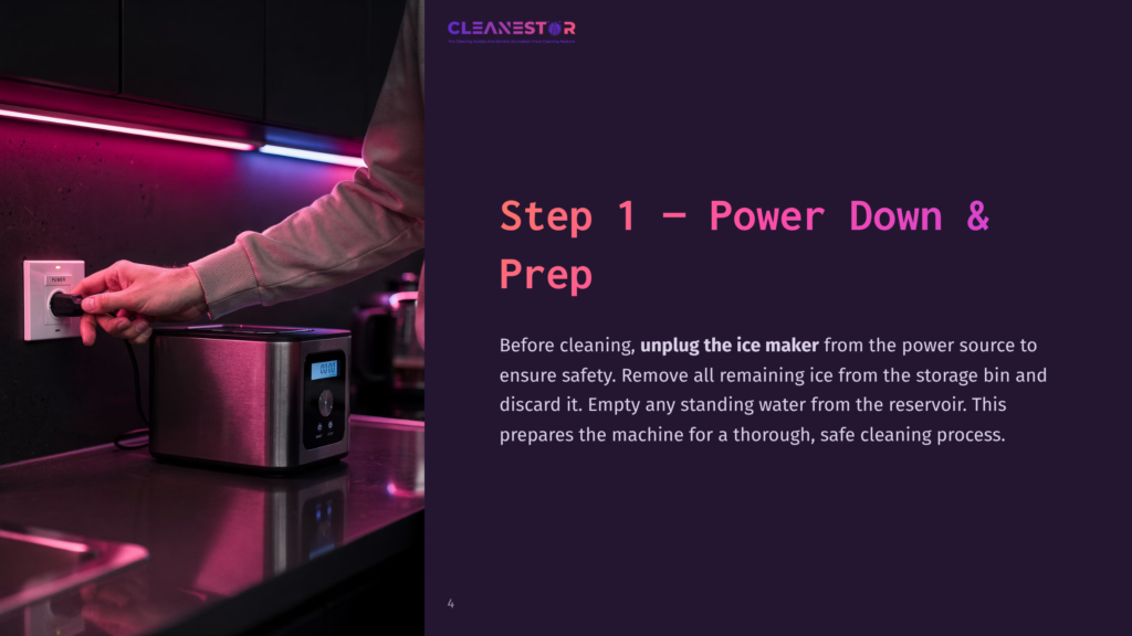 A Person'S Hand Unplugs A Toaster From A Wall Outlet, With The Text &Quot;Cleanestor&Quot; And &Quot;Step 1 - Power Down &Amp; Prep&Quot; Visible On The Right.