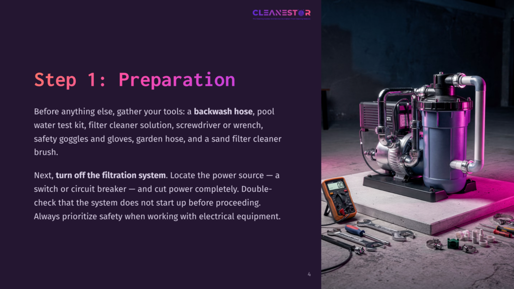 Step 1: Preparation. A Cleanestor Pool Pump And Filter System Sits On A Concrete Slab, Surrounded By Tools Like A Multimeter, Wrenches, And A Sand Filter Brush, Ready For Maintenance.