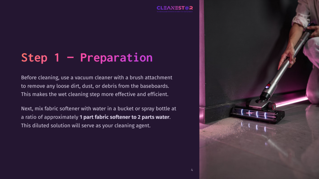 Step 1: Preparation. A Person Uses A Cordless Vacuum Cleaner With A Brush Attachment On A Floor. The Text On The Slide Explains How To Prepare For Cleaning With A Vacuum And A Fabric Softener Solution.