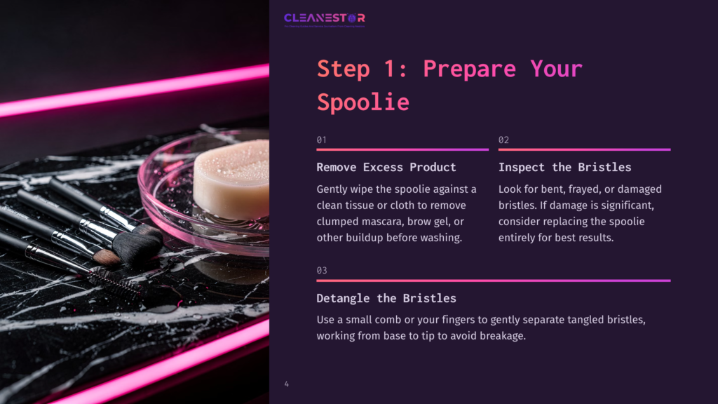 Step 1: Prepare Your Spoolie. A Makeup Brush With A Spoolie End Sits Next To A Bar Of Soap And A Pink Dish On A Glossy Black Surface With Neon Pink Accents.