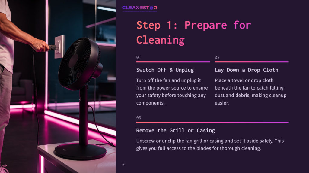 Step 1: Prepare For Cleaning. A Person Unplugs A Black Oscillating Fan From A Wall Outlet, Preparing For Cleaning.