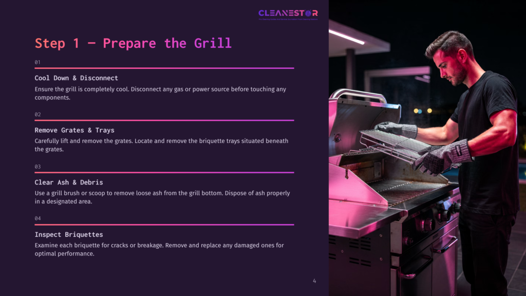 Man In Black T-Shirt And Gloves Carefully Removes Grill Grates From A Clean, Modern Outdoor Grill At Night, Illuminated By Purple Light.