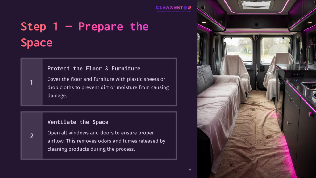 Interior Of A Van With Furniture Covered In White Drop Cloths. Text Overlay Reads &Quot;Step 1 - Prepare The Space&Quot; And Lists Instructions For Protecting Furniture And Ventilating The Space.